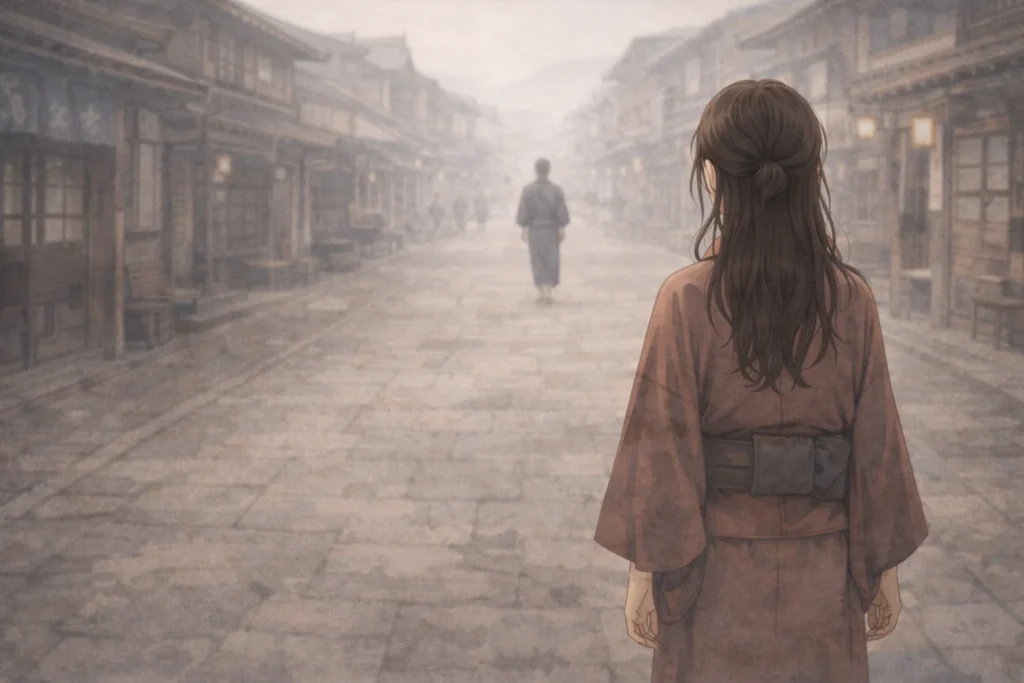 過去世の江戸風の町並みで、女性が一人取り残され、遠くへ去る男性の背中を見つめて立ち尽くす姿。表情は描かれてないが、頼る相手を失い、呆然としている様子が背中越しに伝わってくる。