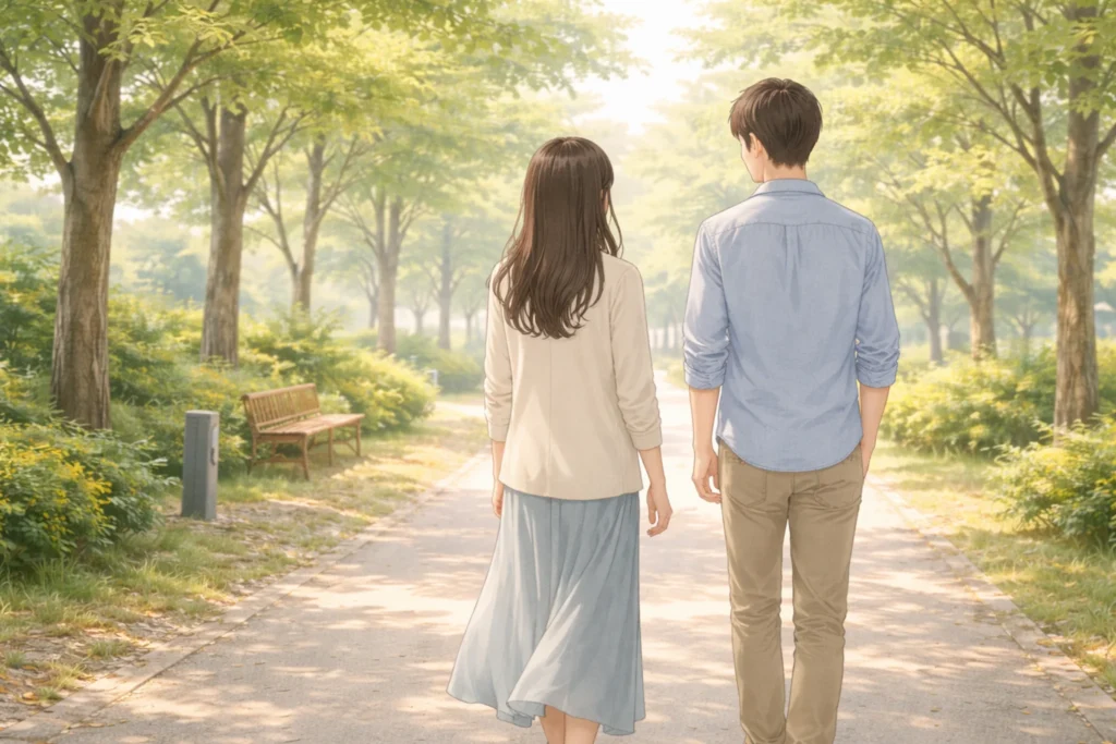 昼間の公園で、男女が適度な距離を保ちながら並んで歩く後ろ姿。第4章の過去世の場面とオーバーラップする。