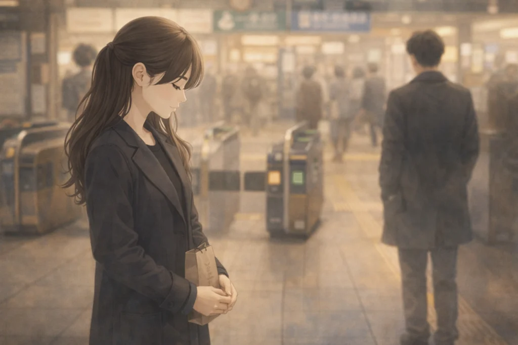 ツインレイ男性と別れた直後、駅構内で静かに立ち尽くす女性の姿。