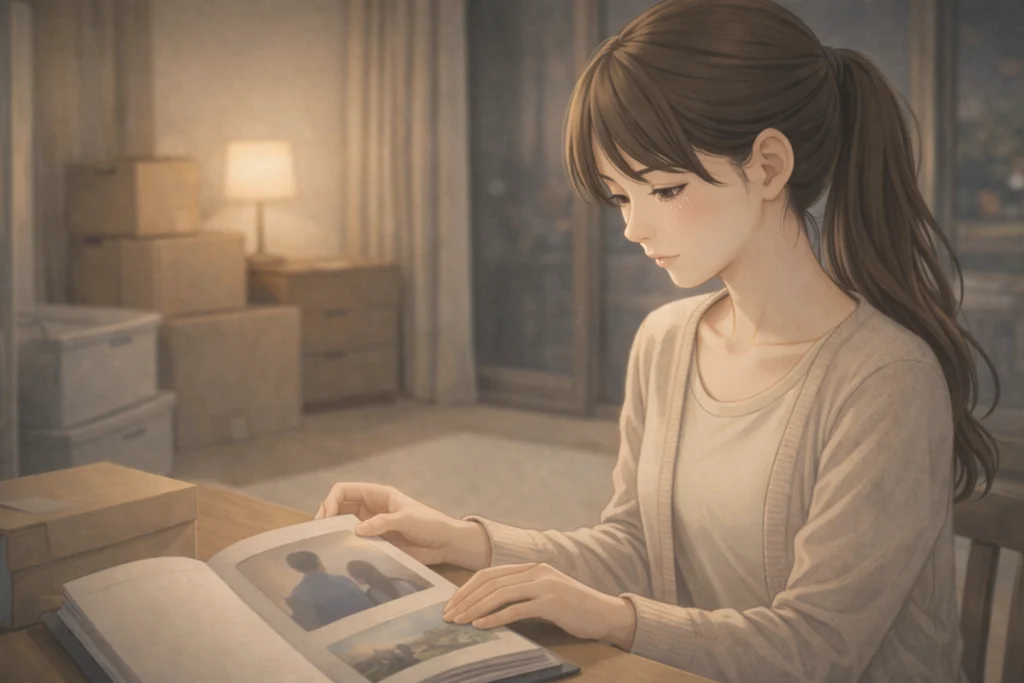 ツインレイ男性との思い出の品を整理する中でアルバムの写真に目を留め、思わず涙ぐむ女性。