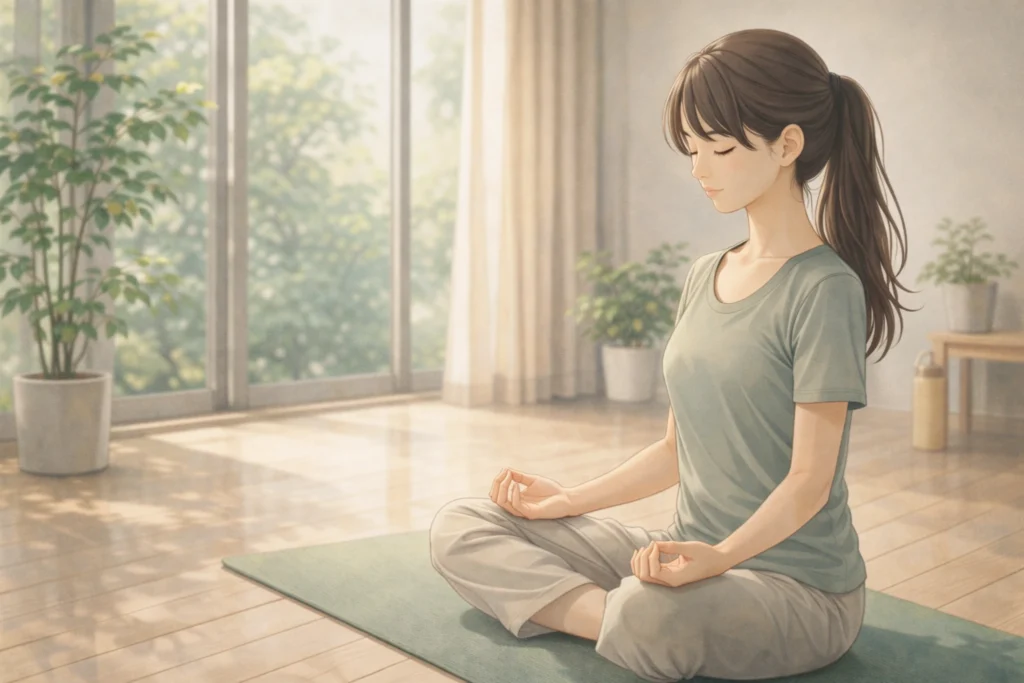 ヨガマットの上で呼吸を整え、自分自身と向き合う時間を過ごす女性。