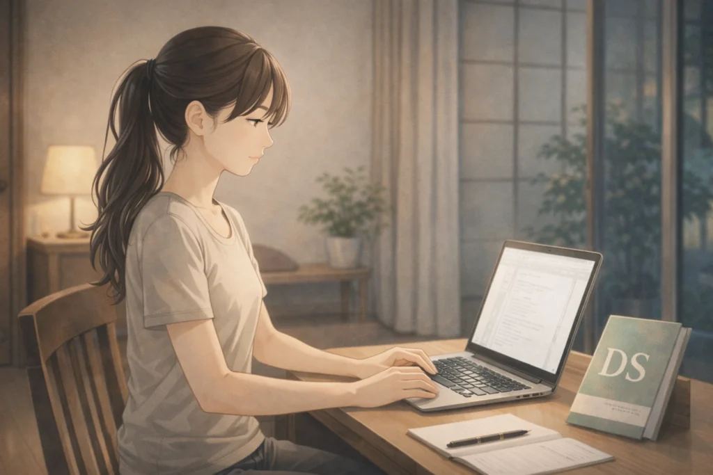 データサイエンスの本を横に置き、前向きに学び直しへ取り組む女性。