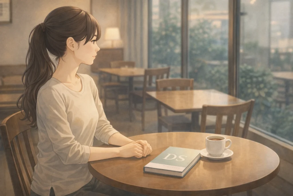 カフェで静かに誰かを待ちながら、新しい出会いへの一歩を予感する女性の姿。