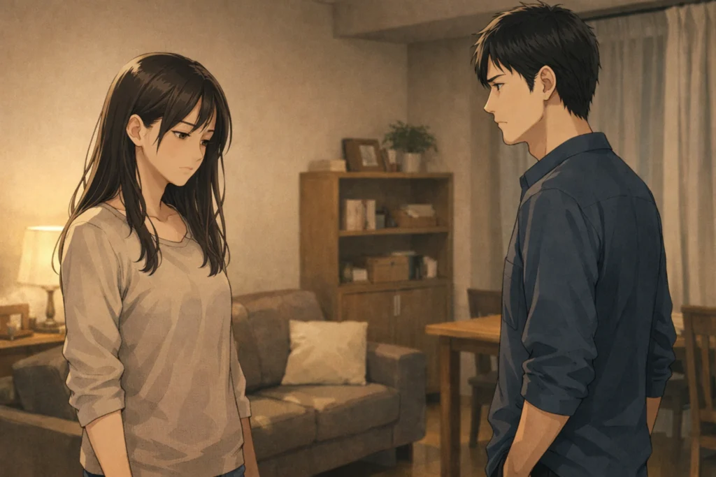 無言のまま向き合う男女。ツインレイなのに傷つけあい、疲れ切った空気が漂う夜のリビング。