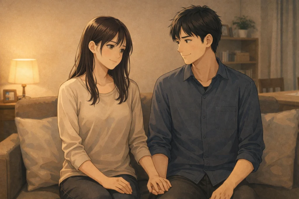 喧嘩のあと手を重ねる男女。ツインレイ同士が仲直りするものの、不安が残る夜のひととき。