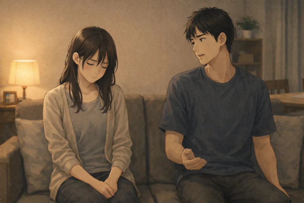 何度も同じことで衝突する男女。ツインレイの関係に疲れ、とうとう決定的なまでに距離が広がる夜のリビング。