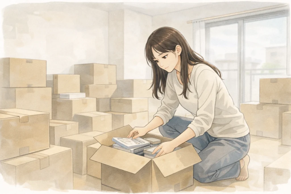 引っ越し先で段ボールを開ける女性。傷つけあう関係を手放し、新しい生活を始める場面。