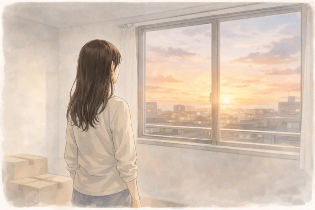 新居の窓から夕焼けを見つめる女性。ツインレイとの傷つけあう関係を経て前に進む静かな時間。