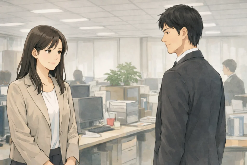 「既婚者同士の片思い」が始まるきっかけとなった、職場での何気ない挨拶の場面。