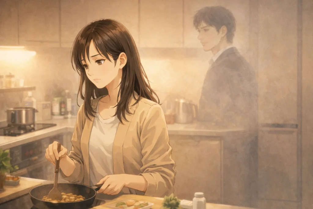 自宅のキッチンで家族のための料理を作りながらも、既婚者同士の片思いが心を占めてしまう女性の静かな葛藤。