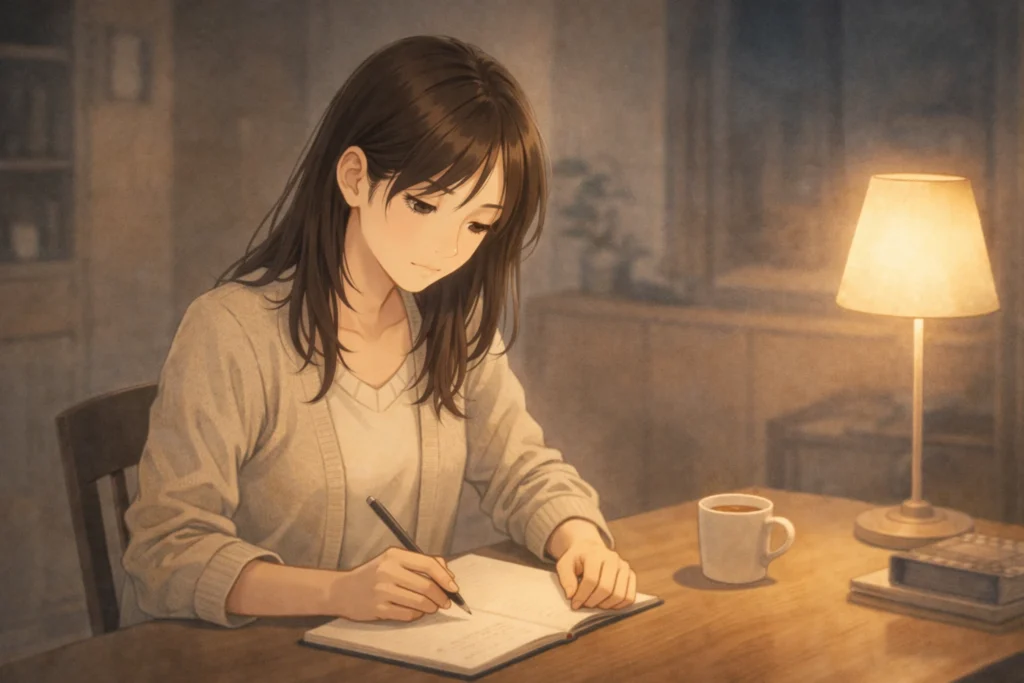 既婚者同士の片思いを整理しようと、一人で日記に向き合い、気持ちを書き出す女性。