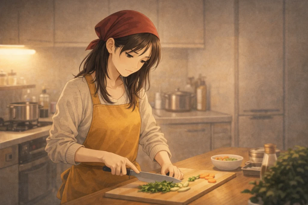 既婚者同士の片思いから意識を戻し、家族のための料理に集中し始めた女性の姿。