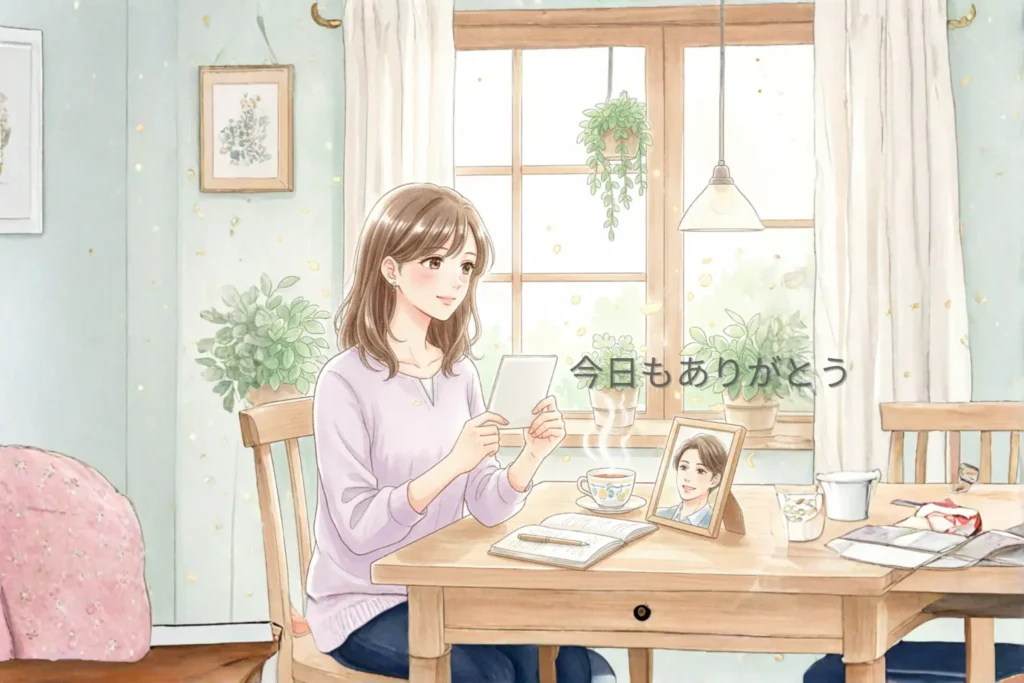 こちらは一転して、朝の光の中で、好きな人の写真の横で、彼という存在に対する感謝の気持ちをノートに綴る、穏やかな表情の女性。