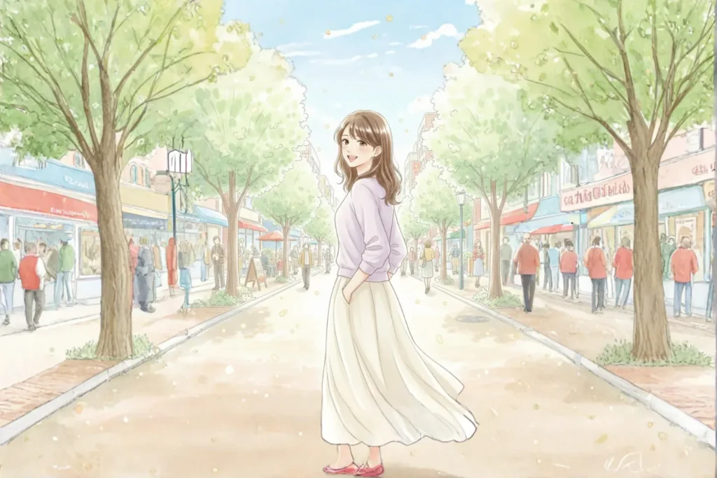 最後は、好きな人の写真で本来の引き寄せを実践するうちに自信を取り戻した女性が、晴れやかな表情を町並みを歩いていく様子を描いている。