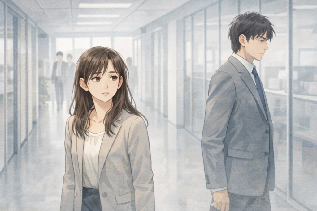 職場の廊下で片思いの男性とすれ違うも、まったく視線を合わせない男性の態度に、戸惑う女性。