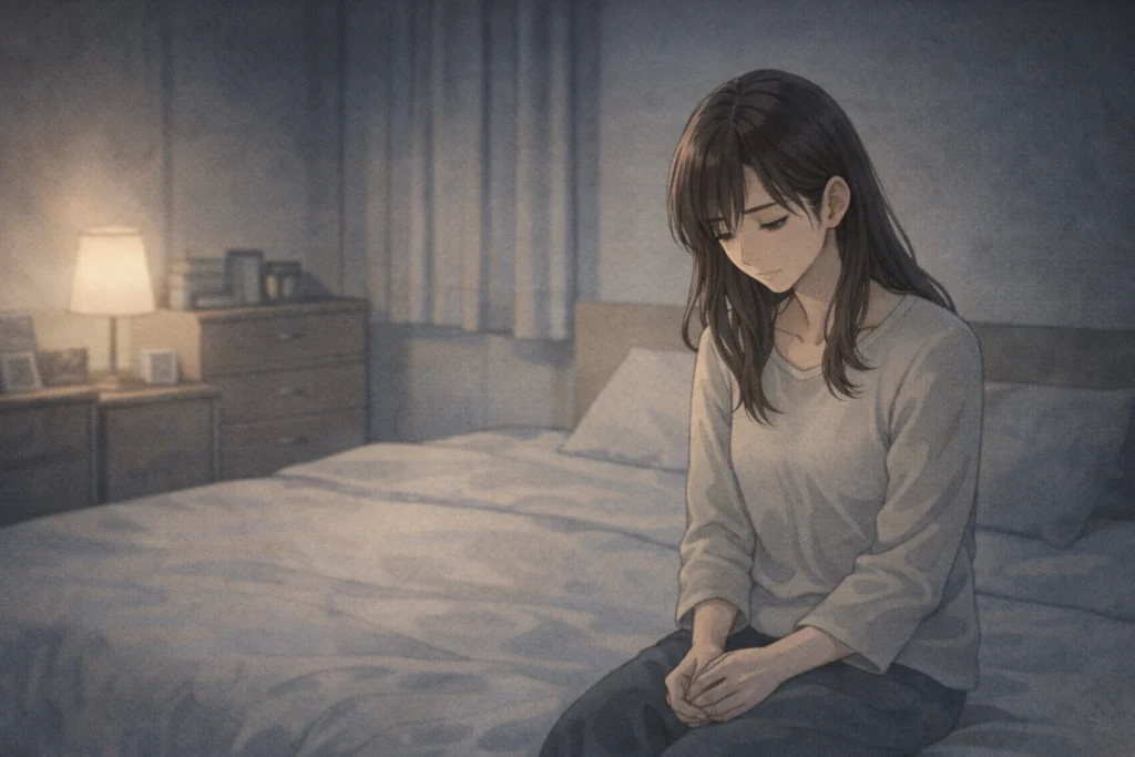 夜の自室で落ち込みながらベッドに座る女性。（片思いの苦しさがピークに達する瞬間）