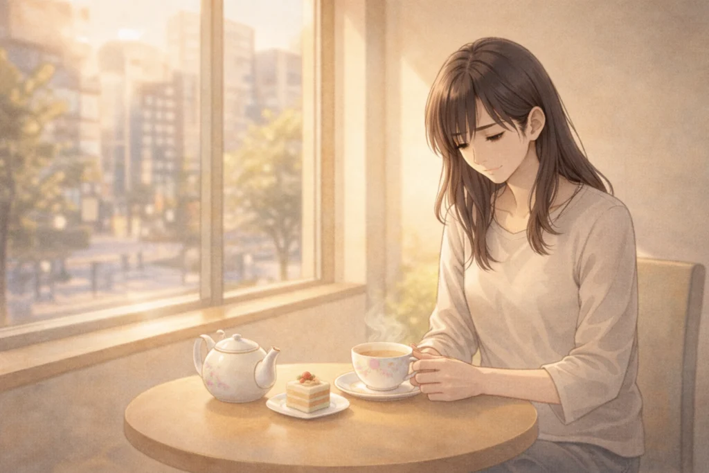 夕方のカフェで紅茶を飲みながら気持ちを整理する女性。前向きになろうする姿勢は窺えるが、表情はまだまだ暗い。