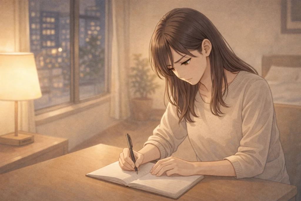 ノートに感情を書き出しながら自分と向き合う女性。真剣な眼差しが印象的な場面。