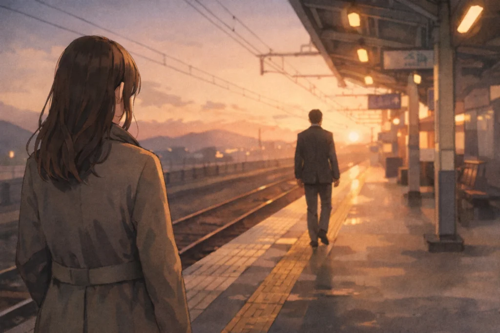 夕暮れの駅のホームで、背中を向けて歩き去る男性と、それを見送る女性の後ろ姿。静かな決別の場面。