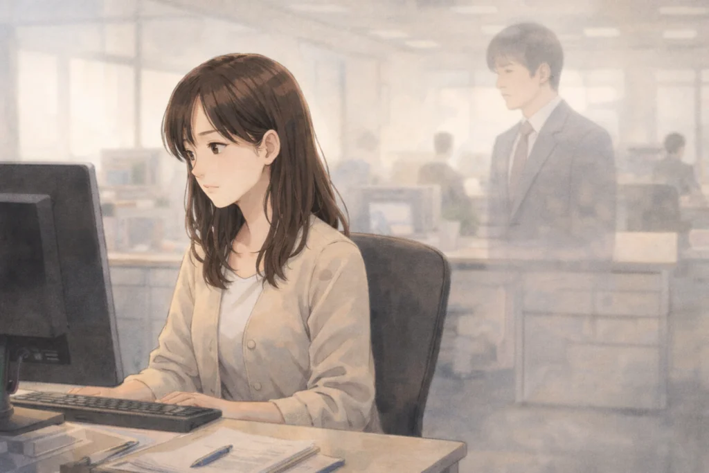 職場のデスクで仕事をしながら、頭の中に彼の存在が浮かび、心が揺れている女性の様子。