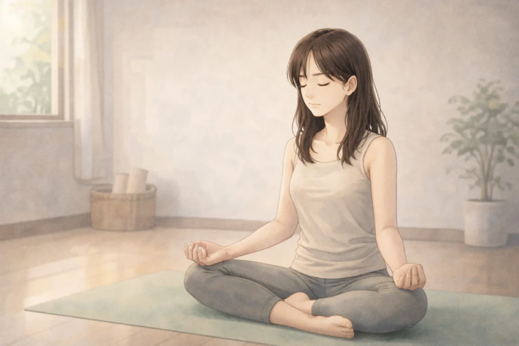 静かな部屋でヨガに打ち込み、少しずつ自分の心と身体を取り戻していく女性の姿。