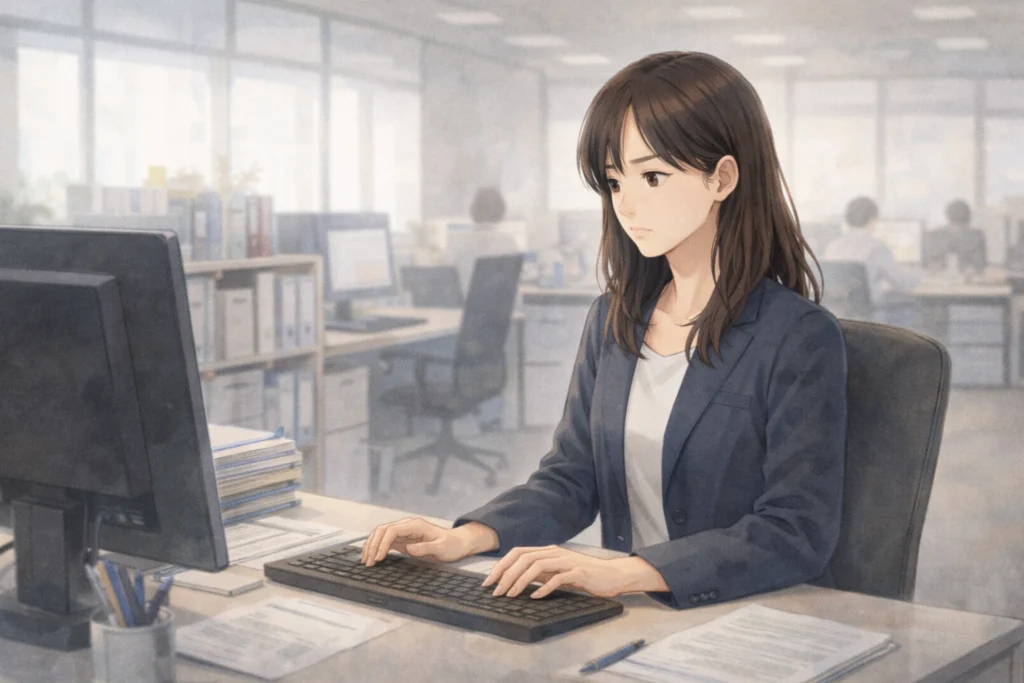 仕事に集中し、好きな人のことでいっぱいだった気持ちから現実に意識を戻し始めた女性の様子。