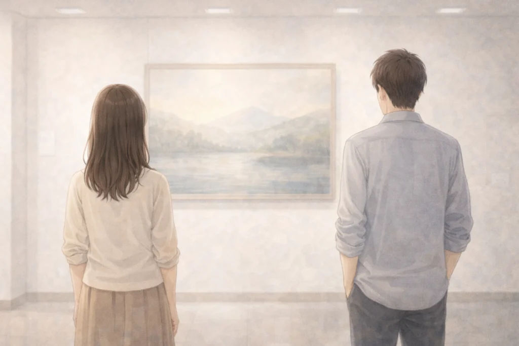 美術館で絵を鑑賞しながら、新しい流れの中で前を向いて歩き始めた女性の後ろ姿。