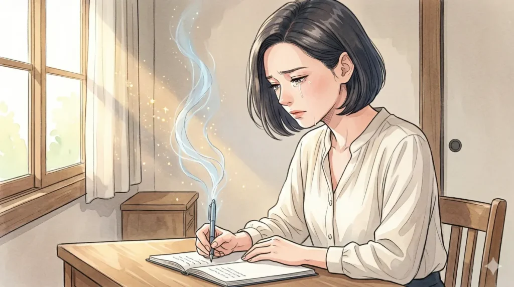 涙とともに溢れ出す感情をノートに書き殴り、心の痛みを浄化する女性。ツインレイへの執着を手放すための「感情の吐露」の場面を描いたイラスト。