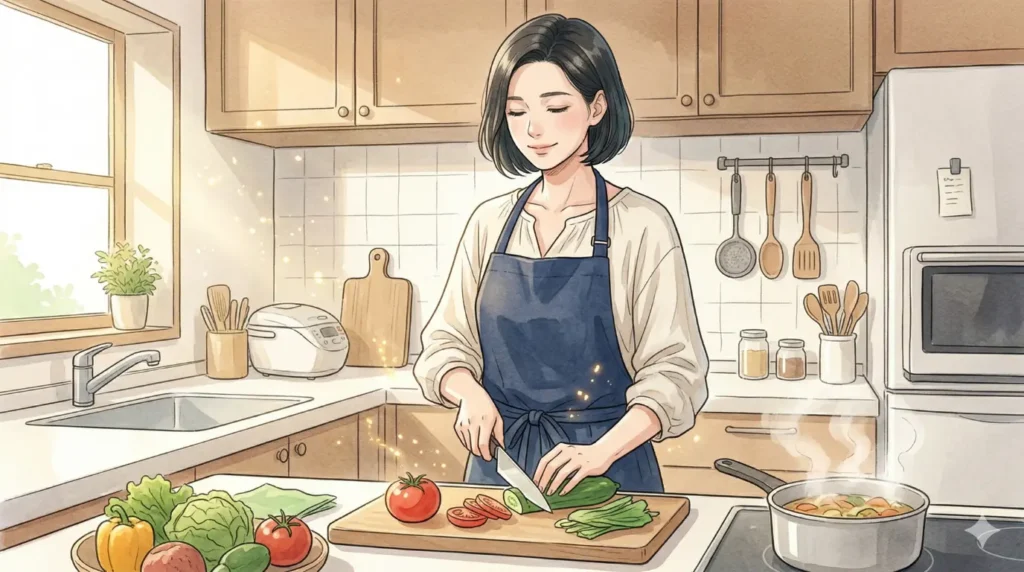 柔らかな陽光が差し込む明るいキッチンで、家族のために穏やかな表情で料理をする女性。ツインレイへの執着を手放し、目の前の日常生活を大切に生きる姿を表現したイラスト。