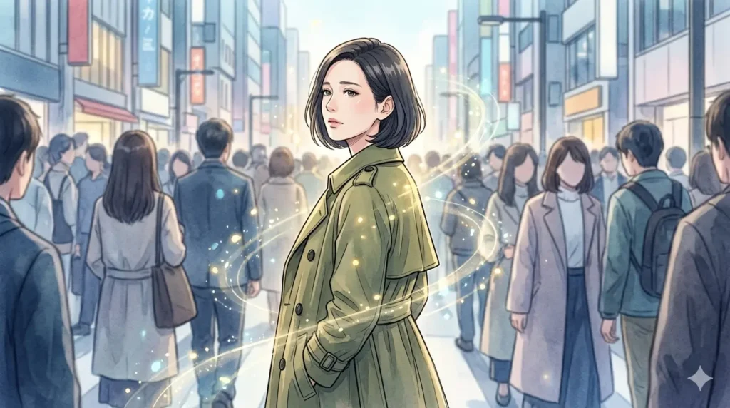 賑やかな街中で、魂の導きを感じて思わず振り返る女性。背景の雑踏と対比的な彼女の周囲を包む温かい光の粒子が、サイレント期間の終了と再会を予感させる。
