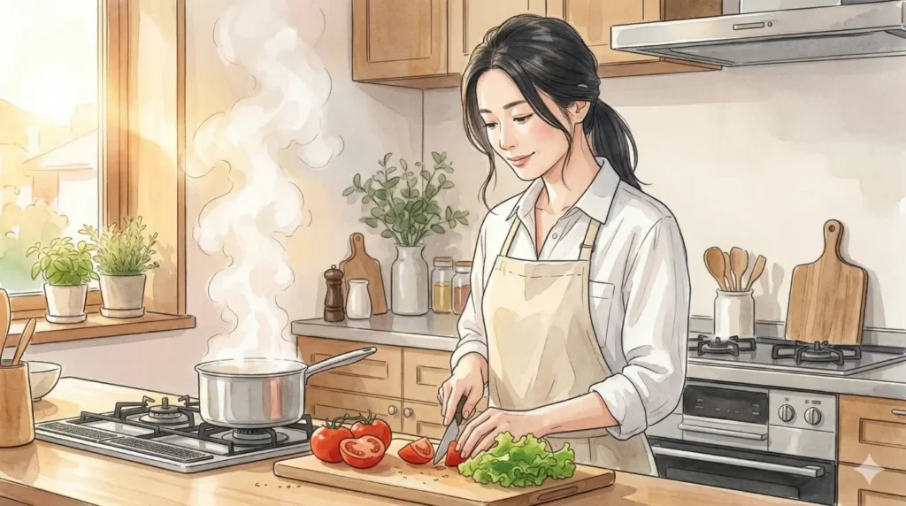 夕方の柔らかな光が差し込むキッチンで、穏やかな表情で家族のための夕食を準備する40代の女性。鍋から立ち上る湯気が光に透け、日常の中の清らかな浄化を象徴している、温かみのある水彩画風イラスト。