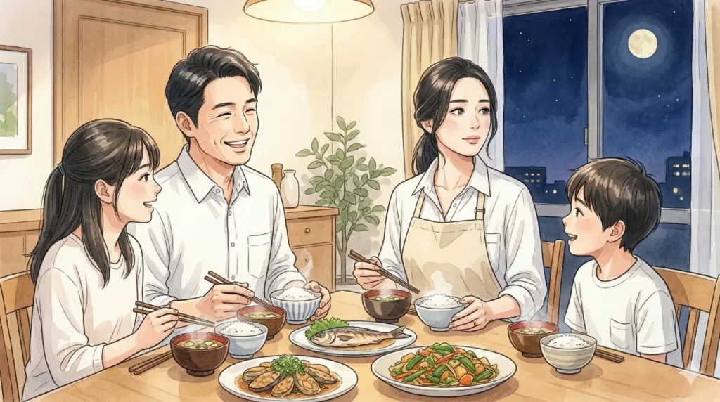 笑顔の夫と子供たちと食卓を囲みながら、ふと窓の外の満月を見つめる女性。家族の団らんという幸せの中に、遠く離れた運命の相手を想う切なさと高潔な精神性が同居する、夜のダイニング風景のイラスト。