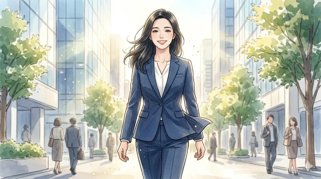 朝陽が降り注ぐオフィス街を、ネイビーのスーツを纏って颯爽と歩く笑顔の女性。ツインレイとの魂の絆を力に変え、一人の自立した女性として自分の人生を輝かせ始めた「覚醒」の瞬間を描いた、希望溢れるイラスト。