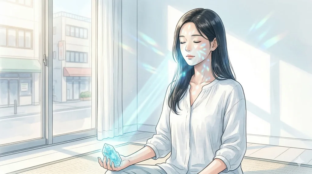 窓から差し込む柔らかな光の中で、天然石を手に持ち瞑想する女性。前世の縁やスピリチュアルな浄化を感じさせる凪の瞬間。
