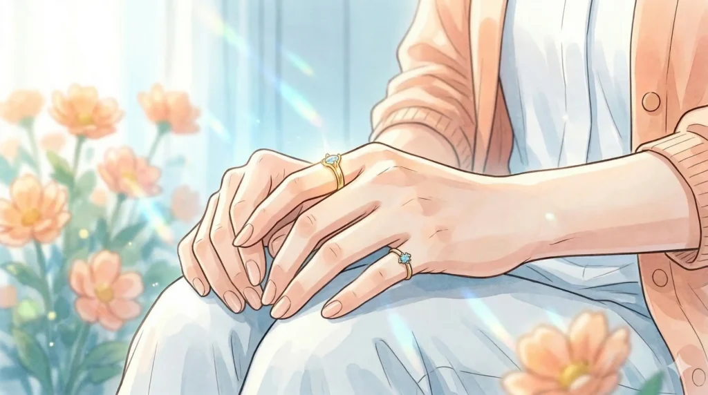 膝の上で重ねられた女性の手。左手の人差し指と小指に嵌められた指輪に、良縁を願う気持ちが素直に表れている。