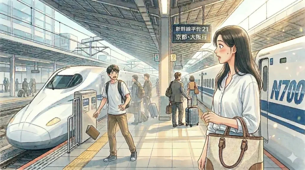 新幹線のホームで偶然再会し、驚愕の表情で見つめ合う男女。背景にはN700系車両。ついに前世の縁が現実となる劇的な再会のシーン。