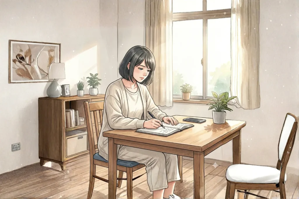 朝の光の中で、スマホを置いてノートに感情を書き出し、自己対話を始める女性。