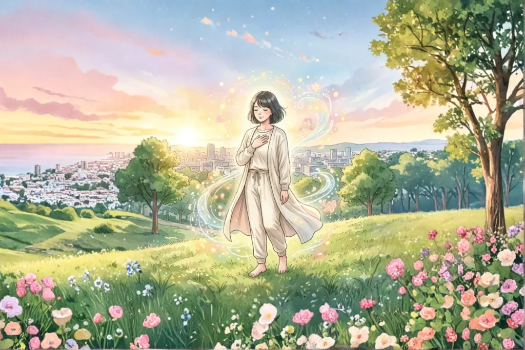 夕暮れの丘で、裸足で大地に立ち、内側から溢れる感謝の波動を感じる女性の覚醒。