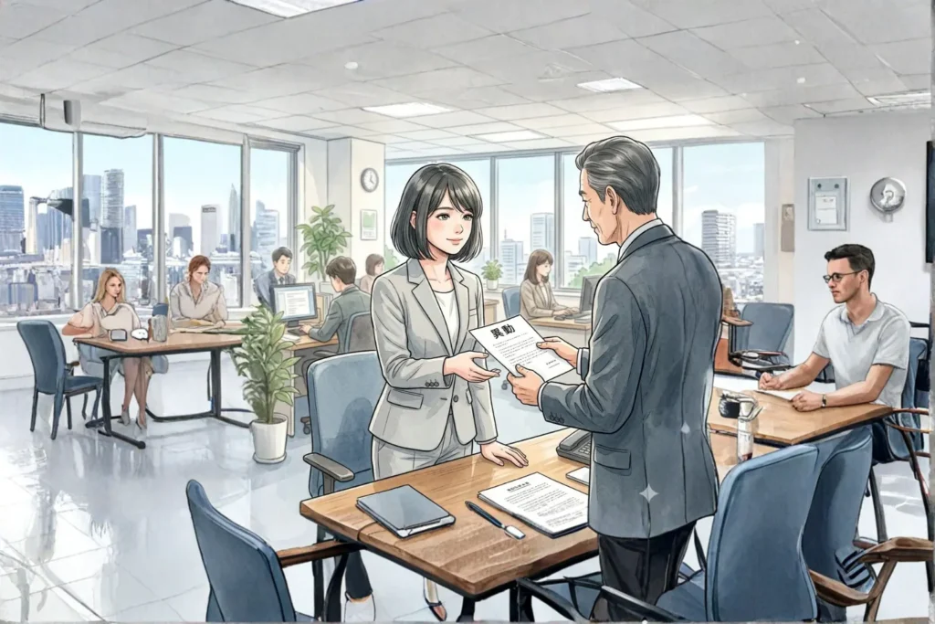 オフィスのデスクで、上司から異動の辞令を、晴れやかな笑顔で受け取るスーツ姿の女性。