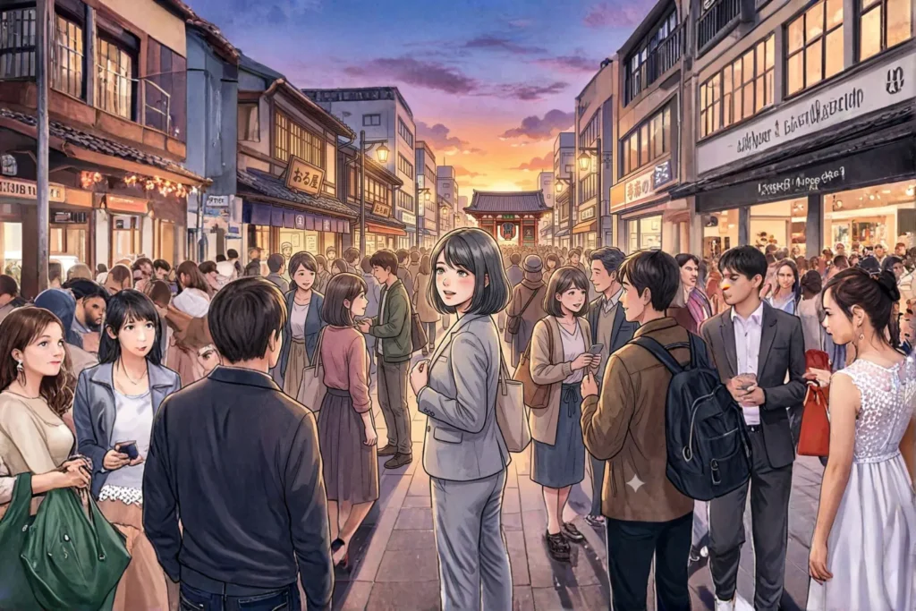 夕暮れの街の雑踏で、ふと足を止め、希望に満ちた表情で振り返る女性。