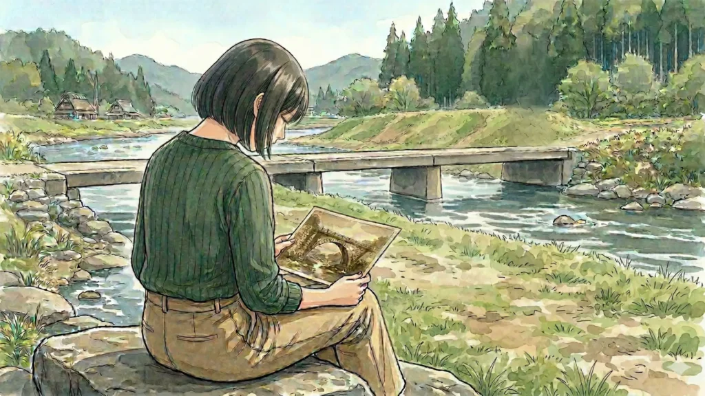 川べりの石に座り、肩を落とす女性の背中。手元の写真に写る立派な石橋と、目の前の簡素なコンクリート橋という「失われた風景」の対比が、膨大な時の流れを暗示している。