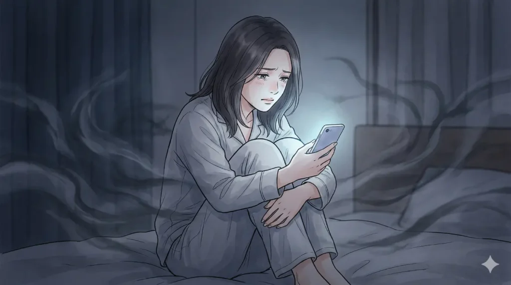 深夜の自室でスマホを見つめ、カルマメイトへの執着心と、このままではいけないという気持ちとの間で葛藤する女性。