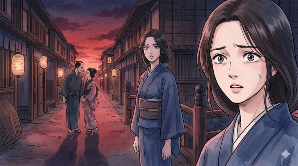 江戸時代の町並みで、前世でも繰り返されていたパートナーの裏切りを目撃する和服姿の女性。時空を超えた宿命的な因縁の構図。