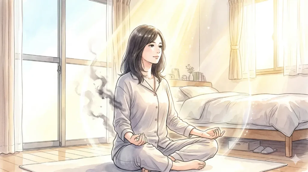 朝の光が差し込む部屋で瞑想し、体から負のエネルギーを浄化させる女性。魂のデトックスによりカルマの鎖から解放される瞬間。