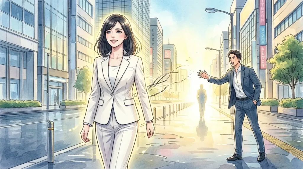 都会の街角で、いつもの調子で気軽に声をかけてくるカルマメイトを凛とした表情でスルーし、光り輝く未来へと歩き出す女性。完全な自立と卒業。