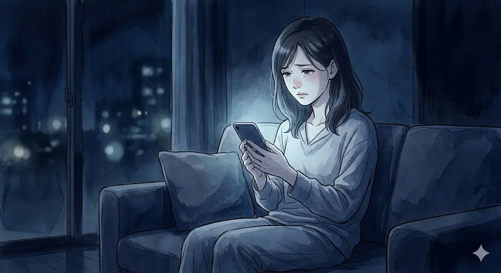 暗い部屋で、スマホの青白い光に照らされながら悲しい表情で画面を見つめる既婚女性。ツインレイとの関係がうまく行かない中、夜の孤独に耐えかねてか、思わず涙が溢れ出す、切ないシーン。
