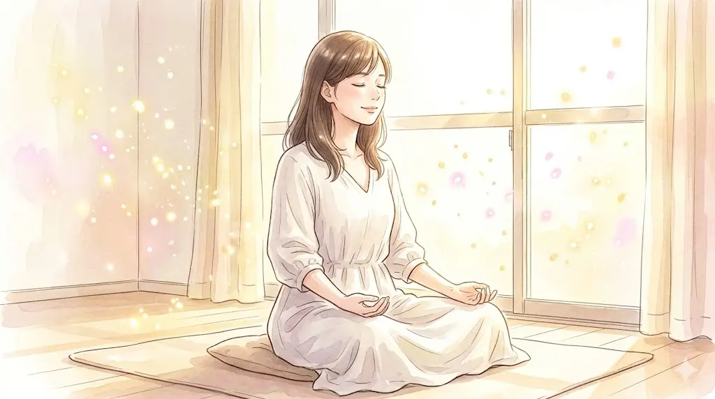 明るく柔らかな光が差し込む部屋で、目を閉じて穏やかに瞑想する女性。周囲に光の粒子が舞い、心が浄化されていく癒やしの瞬間。