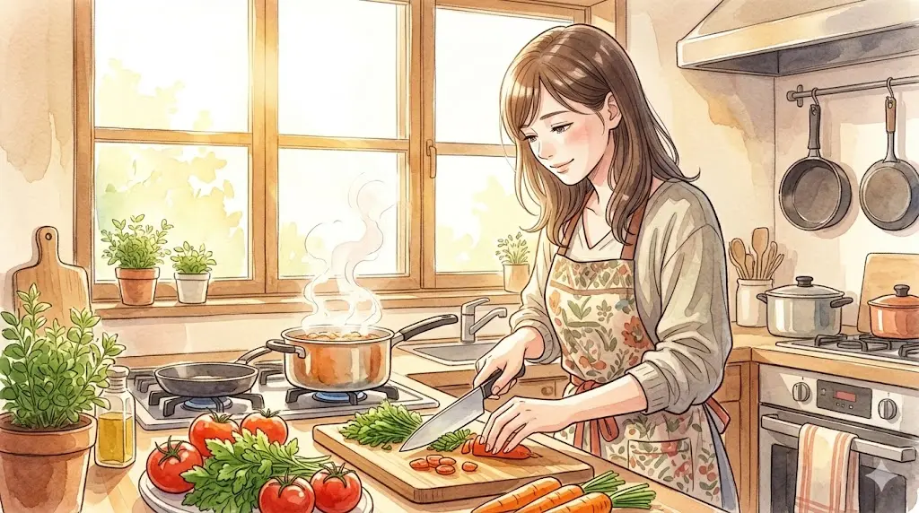 朝の光が溢れるキッチンで、家族のために、エプロン姿で楽しそうに料理をする女性。新鮮な野菜を切り、家庭の温かさと地に足のついた幸せを感じる日常。