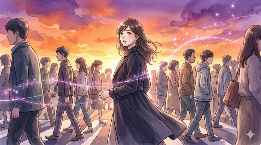 夕焼けに染まる街角で、人混みの中でふと足を止め、魂の繋がりを確信して振り返る女性。運命の糸が光り輝く神秘的な統合のクライマックス。