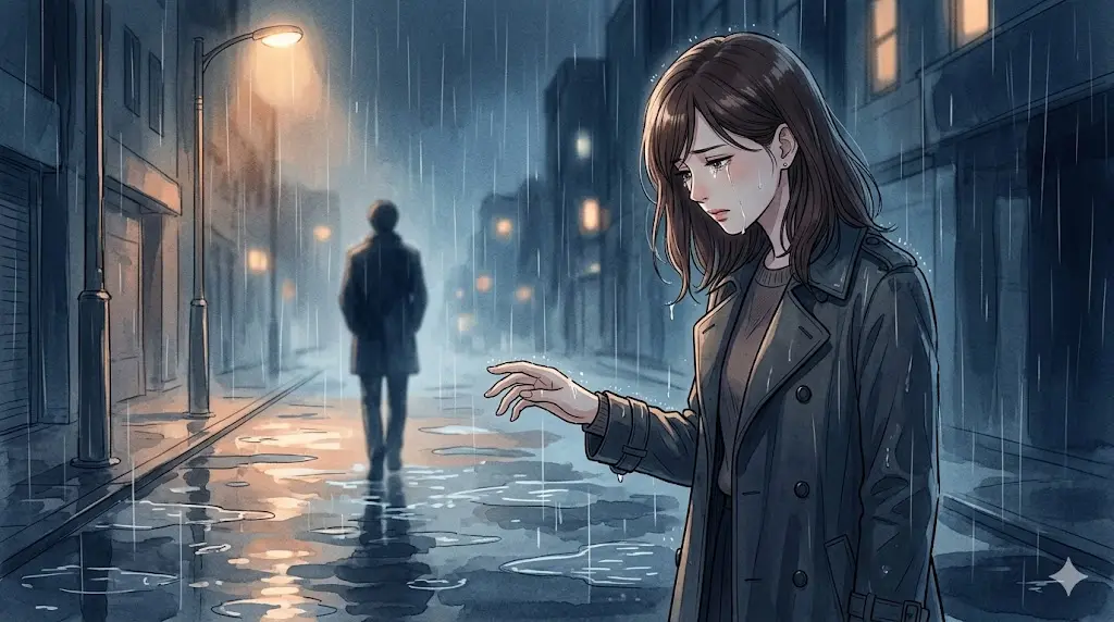 降りしきる雨の中、去りゆくツインレイ男性の背中を見送りながら、涙に暮れる女性。執着が引き寄せを妨げる「別れ」の場面。